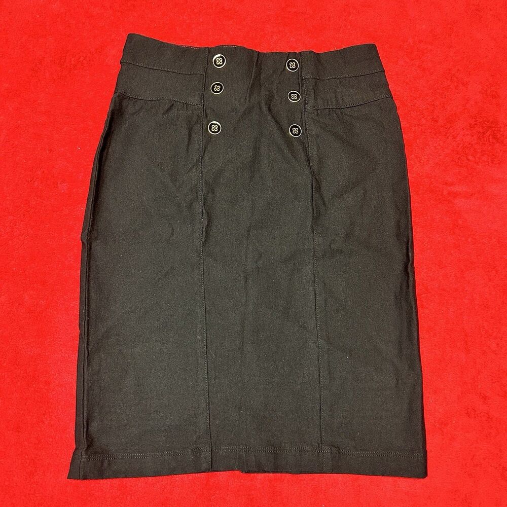 Sabrina Lauren Black Pencil Skirt Size 10 High Waist Button Front Career Stretch